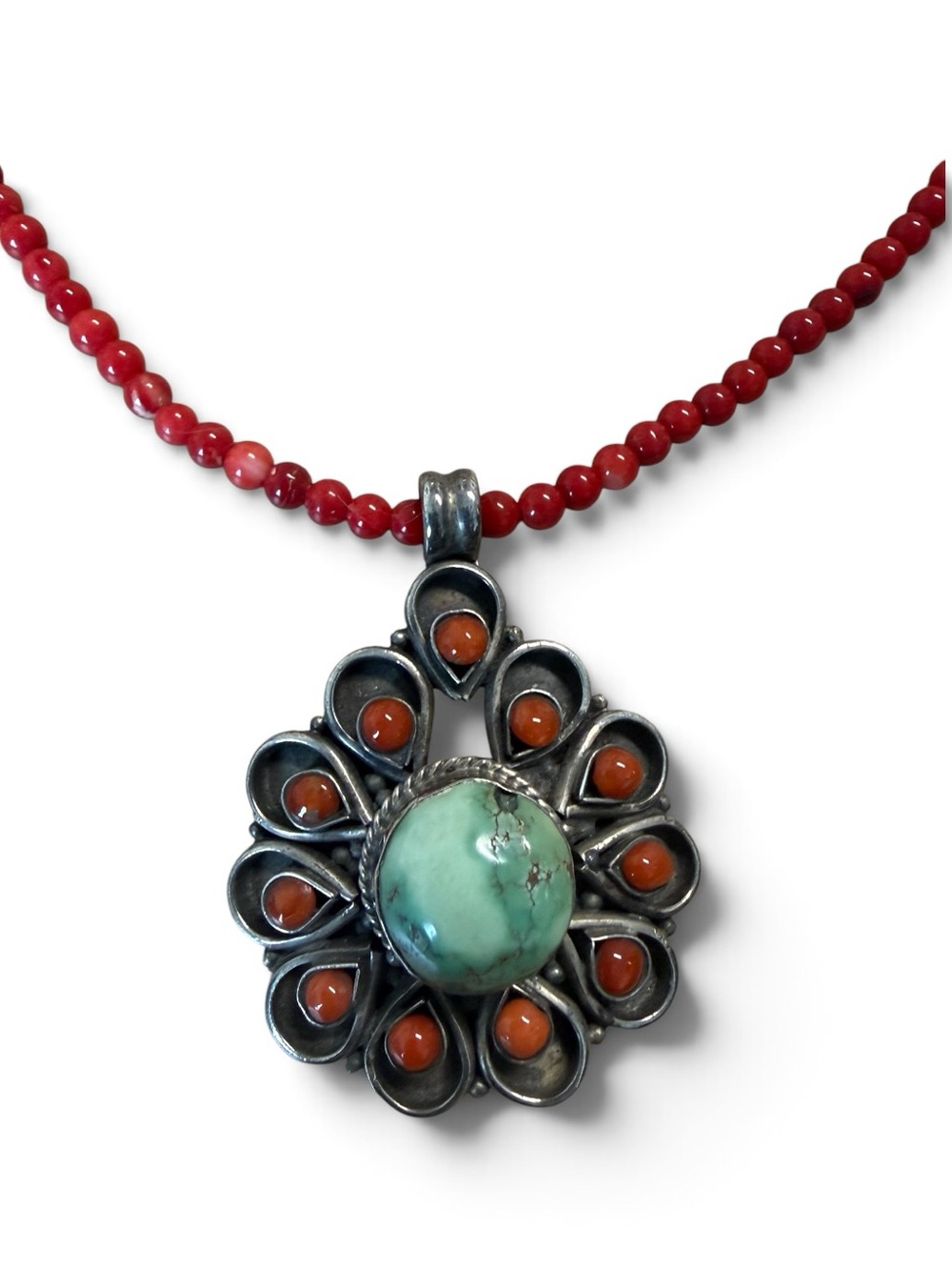 Handmade Custom Beaded Sterling Silver 925 Turquoise & Coral Pendant Necklace